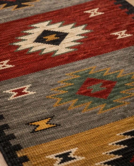 Aztec Geometric Runner Rug – Grey & Rust Tribal Boho Hallway Carpet with Tassels