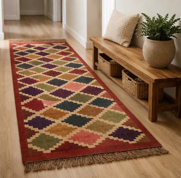 Multicolour Diamond Aztec Rug – Boho Tribal Pattern with Tassels