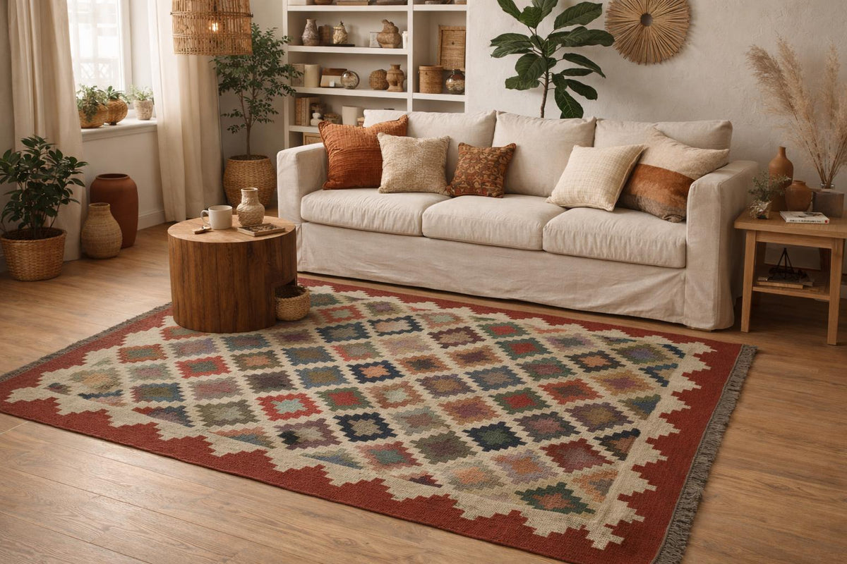 Aztec Hand Woven Indian Rug – Warm Earth Geometric Design