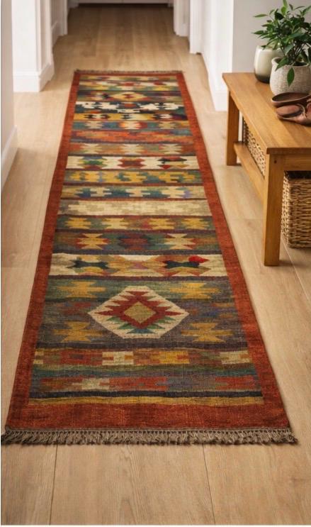 Aztec Tribal Runner Rug – Multicolour Geometric Boho Hallway Carpet with Tassels