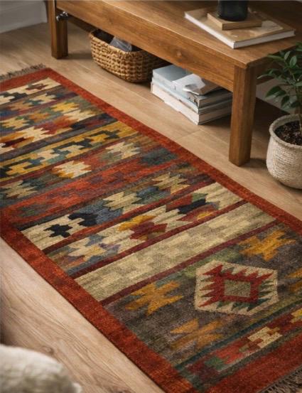 Aztec Tribal Runner Rug – Multicolour Geometric Boho Hallway Carpet with Tassels