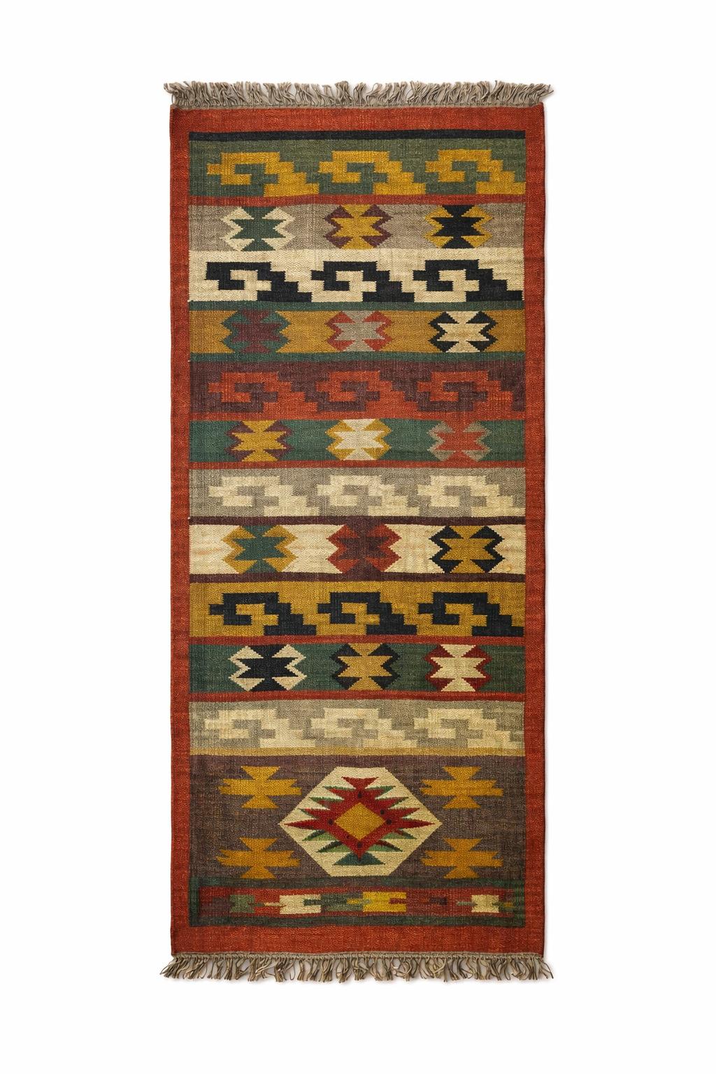 Aztec Tribal Runner Rug – Multicolour Geometric Boho Hallway Carpet with Tassels
