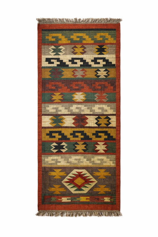 Aztec Tribal Runner Rug – Multicolour Geometric Boho Hallway Carpet with Tassels