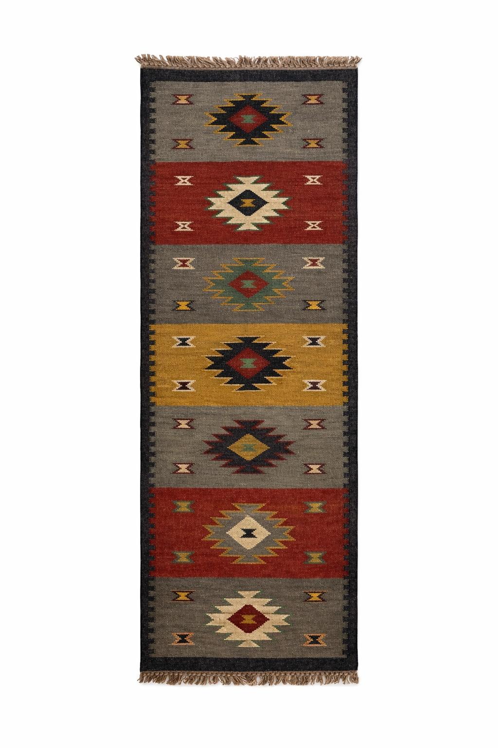 Aztec Geometric Runner Rug – Grey & Rust Tribal Boho Hallway Carpet with Tassels