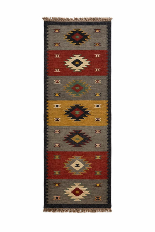 Aztec Geometric Runner Rug – Grey & Rust Tribal Boho Hallway Carpet with Tassels