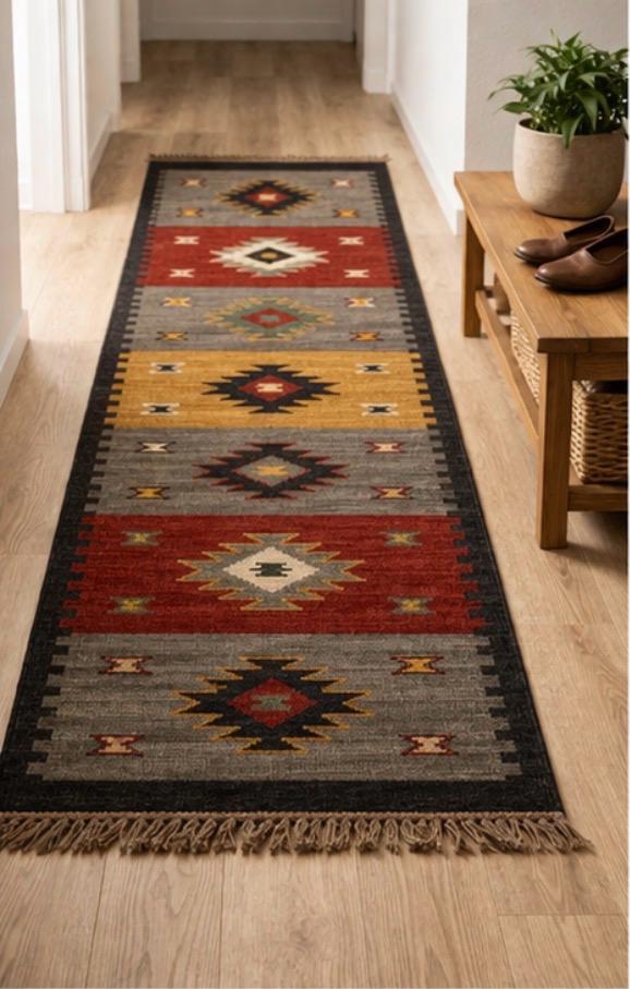 Aztec Geometric Runner Rug – Grey & Rust Tribal Boho Hallway Carpet with Tassels