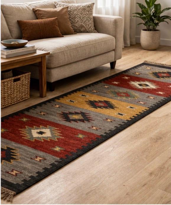 Aztec Geometric Runner Rug – Grey & Rust Tribal Boho Hallway Carpet with Tassels