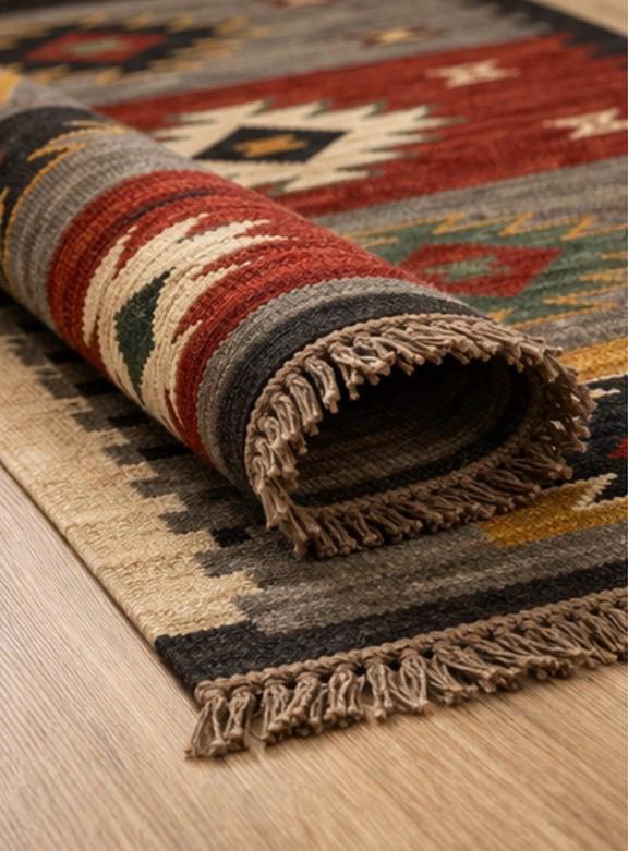 Aztec Geometric Runner Rug – Grey & Rust Tribal Boho Hallway Carpet with Tassels