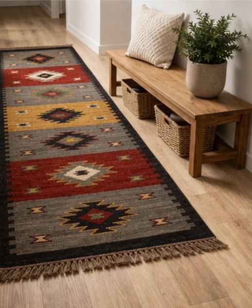 Aztec Geometric Runner Rug – Grey & Rust Tribal Boho Hallway Carpet with Tassels