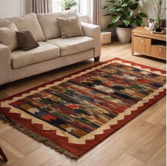 Handwoven Aztec Style Runner Rug – Red Tribal Geometric Pattern with Tassels