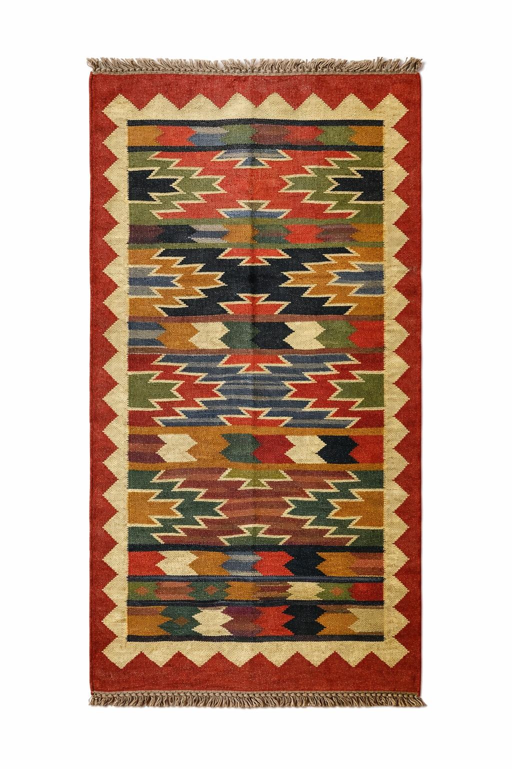 Handwoven Aztec Style Runner Rug – Red Tribal Geometric Pattern with Tassels