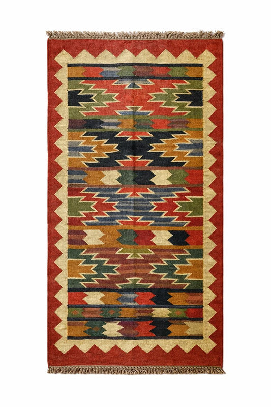 Handwoven Aztec Style Runner Rug – Red Tribal Geometric Pattern with Tassels
