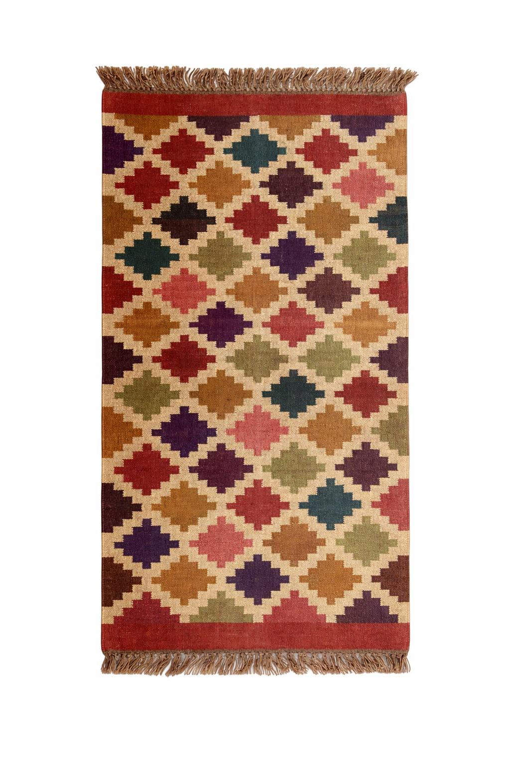 Multicolour Diamond Aztec Rug – Boho Tribal Pattern with Tassels