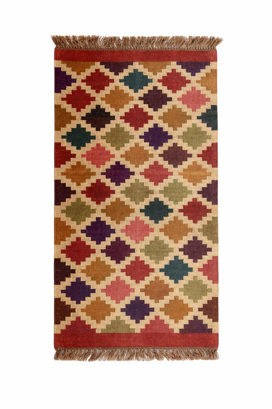 Multicolour Diamond Aztec Rug – Boho Tribal Pattern with Tassels