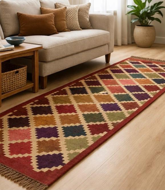 Multicolour Diamond Aztec Rug – Boho Tribal Pattern with Tassels