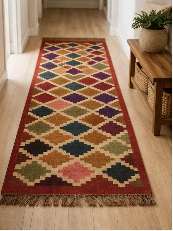 Multicolour Diamond Aztec Rug – Boho Tribal Pattern with Tassels