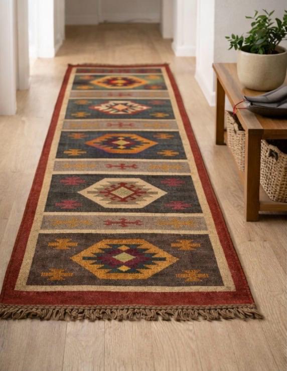 Aztec Medallion Runner Rug – Rustic Tribal Stripe Design in Earthy Tones