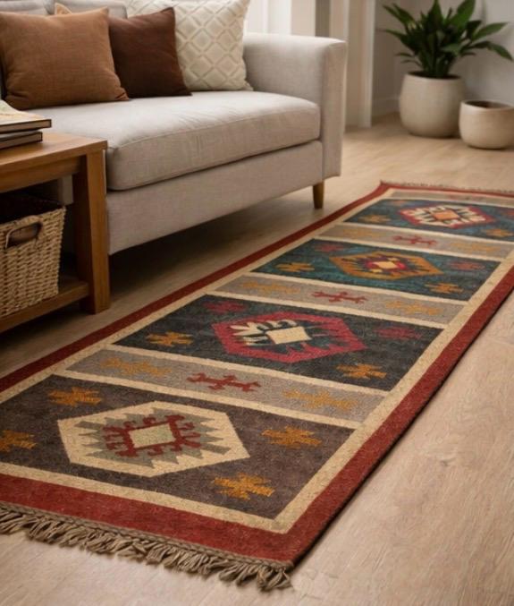 Aztec Medallion Runner Rug – Rustic Tribal Stripe Design in Earthy Tones